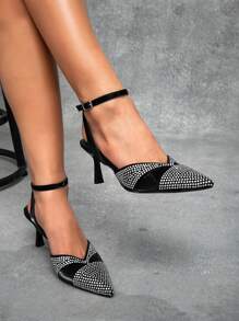 CUCCOO SZL Zapatos de tacón de aguja con tacón alto con adorno de strass puntiguados para mujer, tacones sexy de fiesta, coordinación de atuendo casual de primavera y salida nocturna - Negro - Ver 5
