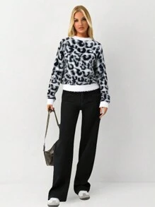 SHEIN Unity Women Leopard Print Crew Neck Long Sleeve Casual Sweater Knit Pullover Fall Winter - Multicolor - View 4