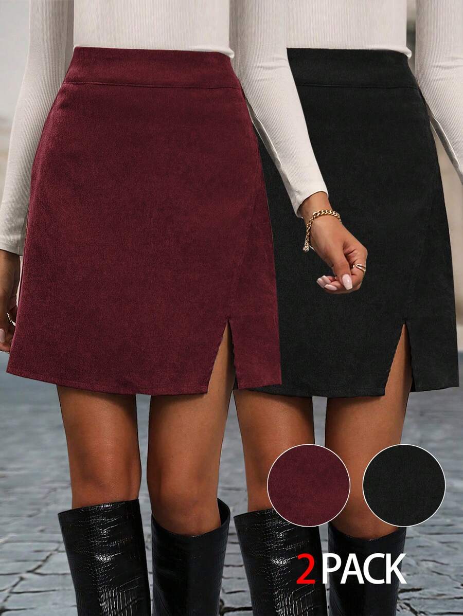 EMERY ROSE Casual Minimalist Solid Color Split Hem Skirt For Autumn/Winter