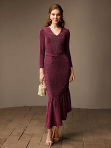 MOTF PREMIUM GLITTER V-NECK STEREO FLOWER DETAIL MERMAID HEM BUCKLE BELTED LONG DRESS, WOMEN OUTFIT - Hot Pink - View 5