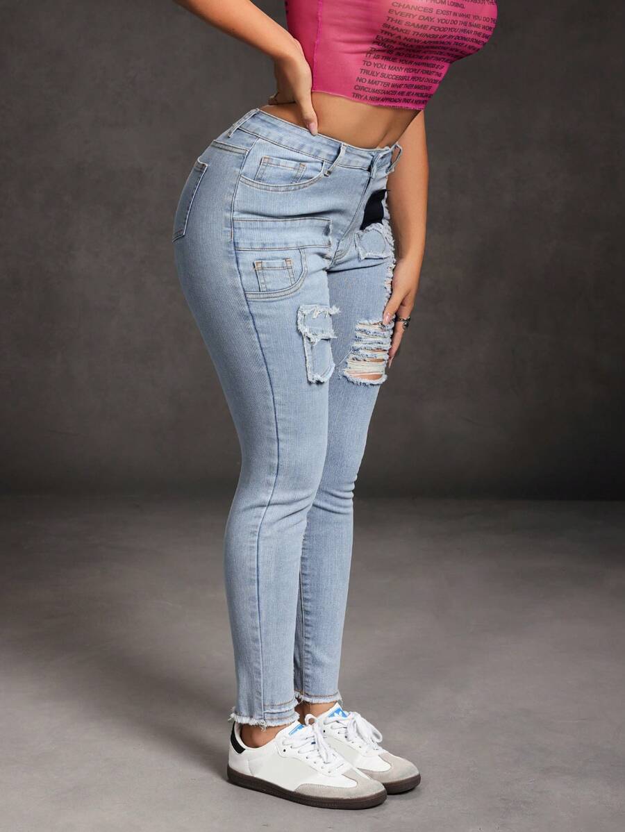 SHEIN SXY Women's Pocket Ripped Skinny Casual Versatile Jeans - Blue - View 1