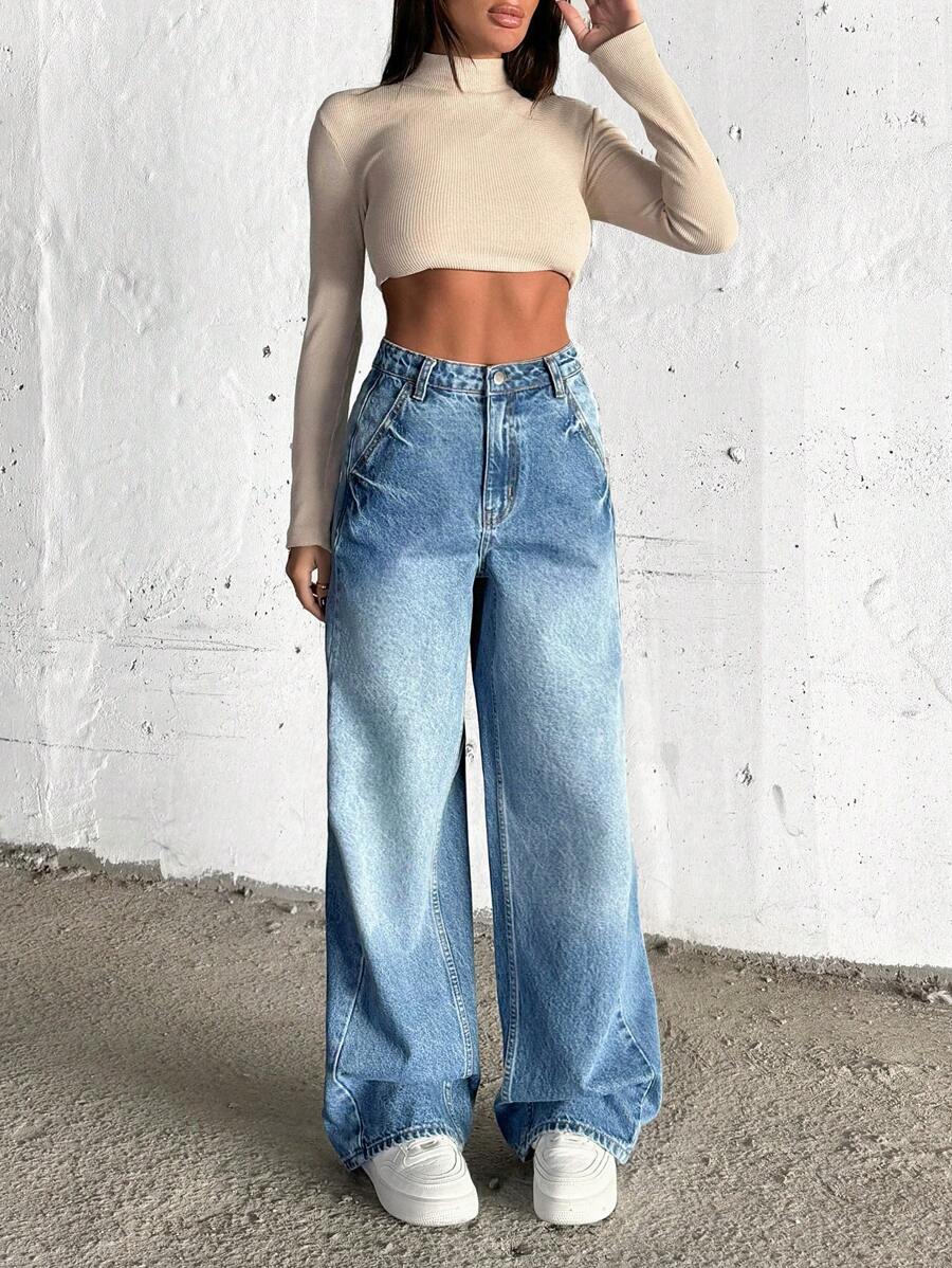 SHEIN Cottnline Hıgh Waist Wash Detailed Wideleg Jean - Medium Wash - View 1
