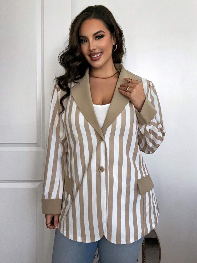 SHEIN Essnce Plus Size Warm Color Block Striped Zebra Print Jacket