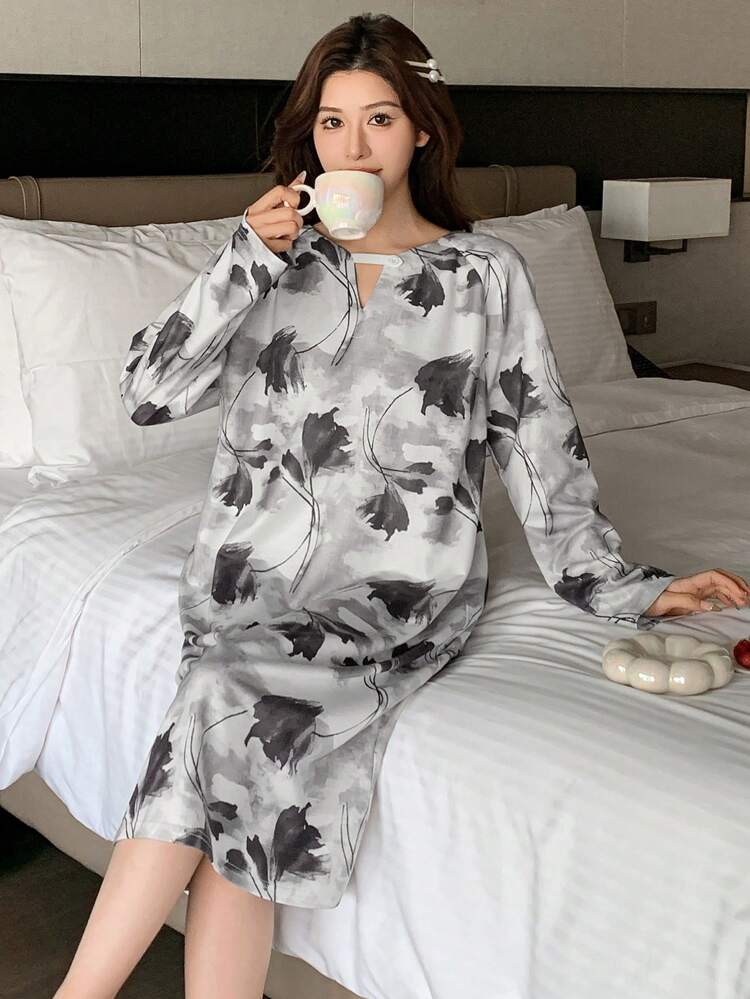 Chinese Style Watercolor Pattern Print Collar Button Design Nightgown Pajama