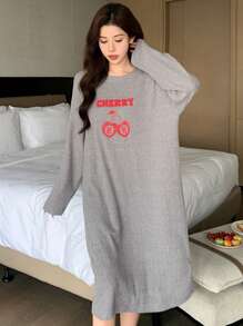 DAZY Ribbed Knit Fabric Cute Cherry Print Loose Nightgown, Winter - Grey - View 5