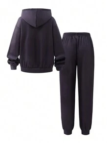 SHEIN 2 件套少女美式街头复古字母印花连帽衫和运动裤套装，展现个性化和时尚感，同时保持整体的和谐和凝聚力 - 灰色 - 查看 2