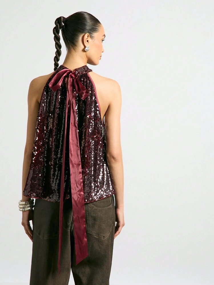 Rave Sequinned Halter Neck With Satin Back-Tie Sleeveless Blouse