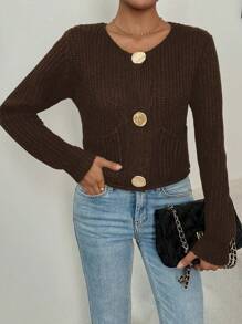 Chiquease Women's Casual Dual Pocket Button Front Cardigan, Suitable For Autumn/Winter - Coffee Brown - View 3