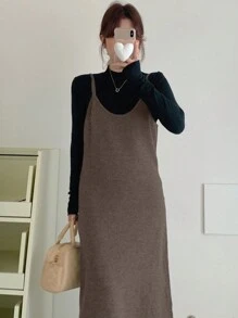 DAZY Women Casual Solid Color Spaghetti Strap Maxi Sweater Dress, Autumn/Winter - Brown - View 2