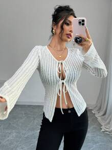 Calvaya Camiseta de manga larga, elegante, de ajuste slim, en unicolor con lazo estilo francés para mujer