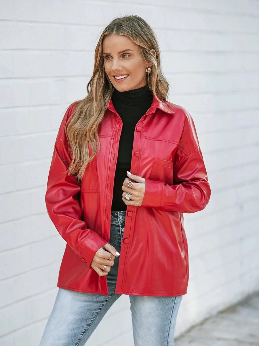 SHEIN LUNE 2024 Autumn/Winter New Women Red Front Open Jacket Coat Leather - Red - View 1