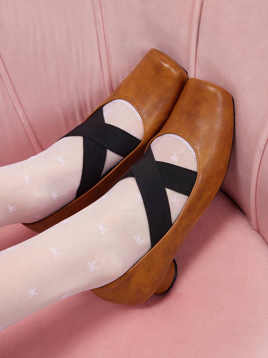 CUCCOO DOLLMOD Women's Square Toe Black High Heel Pumps With Cylinder Heel And Criss-Cross Mary Jane Strap, Classic Vintage Style - Camel - View 1