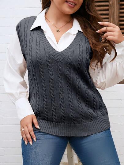 Vionelle Plus Size Women Solid Color V-Neck Cable Knit School Preppy Style Vest, Autumn/Winter