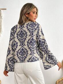 SHEIN VCAY Woven Printed Long Sleeve Loose Fit Women Blouse - Blue - View 2