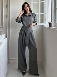 DAZY 女士休闲纯色长袖衬衫和蝴蝶结阔腿裤两件套，春秋季女装家居服套装