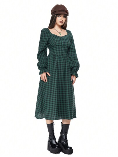 Women Fairycore Retro Plaid Mid-Length Dress