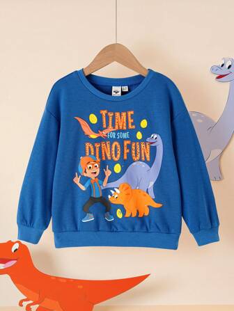 Blippi X SHEIN Kleine Jungen Blaues, lässiges, süßes Sweatshirt mit Buchstabengrafik und Cartoon-Dinosaurier-Motiv