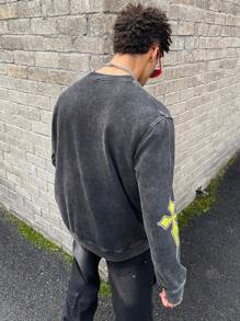 PAVTROS Cotton Men Graphic Sweatshirt, Boyfriend Gifts, Christmas Gifts, Men's Street Style Street Wear Washed Crew Neck Black Long Sleeve Sweatshirt - Black - View 2