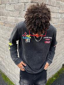 PAVTROS Cotton Men Graphic Sweatshirt, Boyfriend Gifts, Christmas Gifts, Men's Street Style Street Wear Washed Crew Neck Black Long Sleeve Sweatshirt - Black - View 5