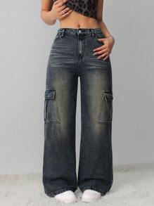 SHEIN Tall 女士牛仔裤 红色紧身弹力开衩牛仔裤 返校迷彩牛仔裤 Y2k 牛仔裤 直筒牛仔裤 女士牛仔裤 秋季女装特卖 低腰宽松牛仔裤 女士下装 促销 - 深色水洗藍 - 查看 7