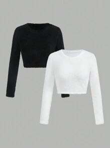 SHEIN EZwear Women's Autumn Minimalist Round Neck Long Sleeve Fuzzy T-Shirt - Multicolor - View 1