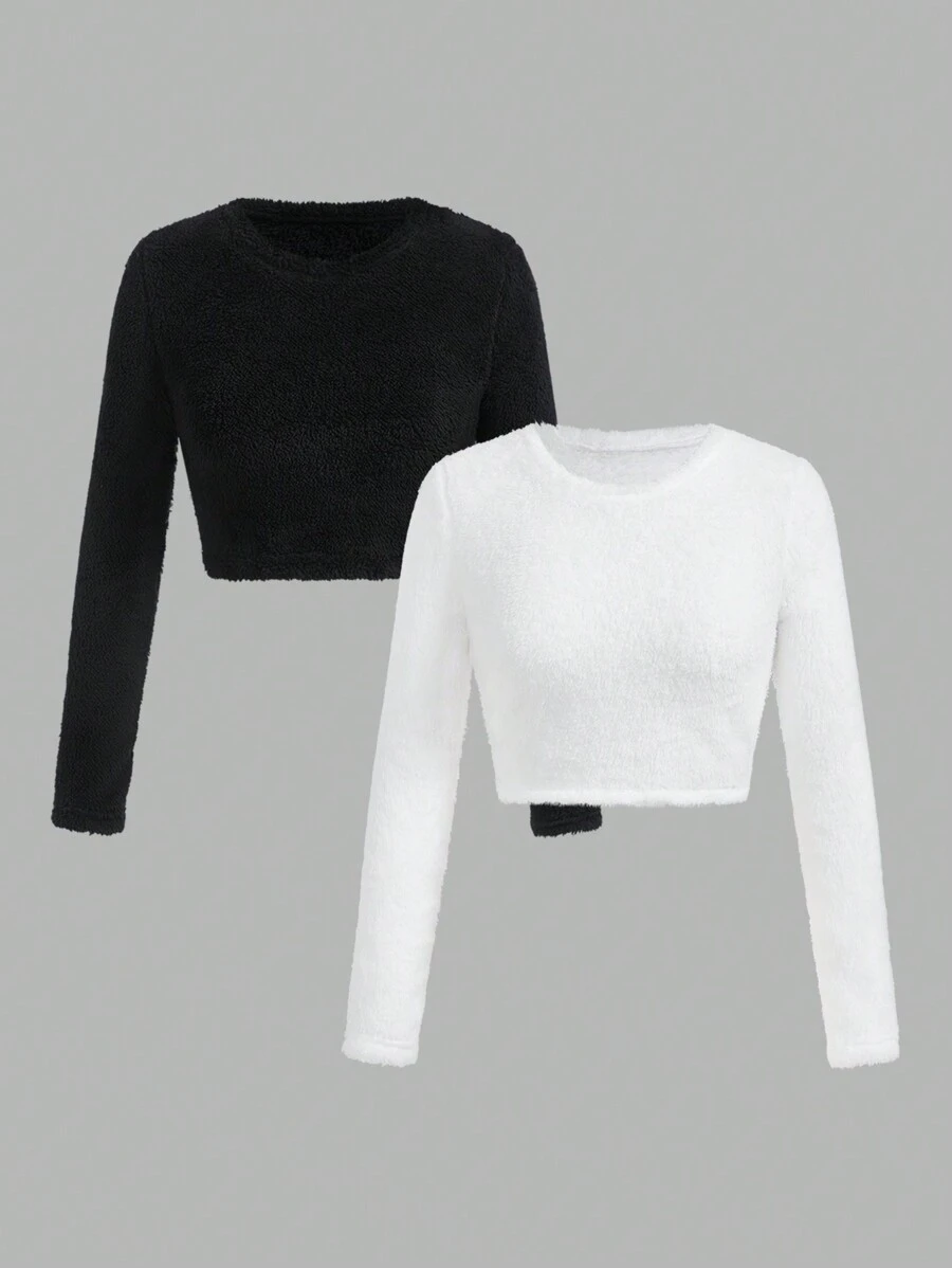 SHEIN EZwear Women's Autumn Minimalist Round Neck Long Sleeve Fuzzy T-Shirt - Multicolor - View 1