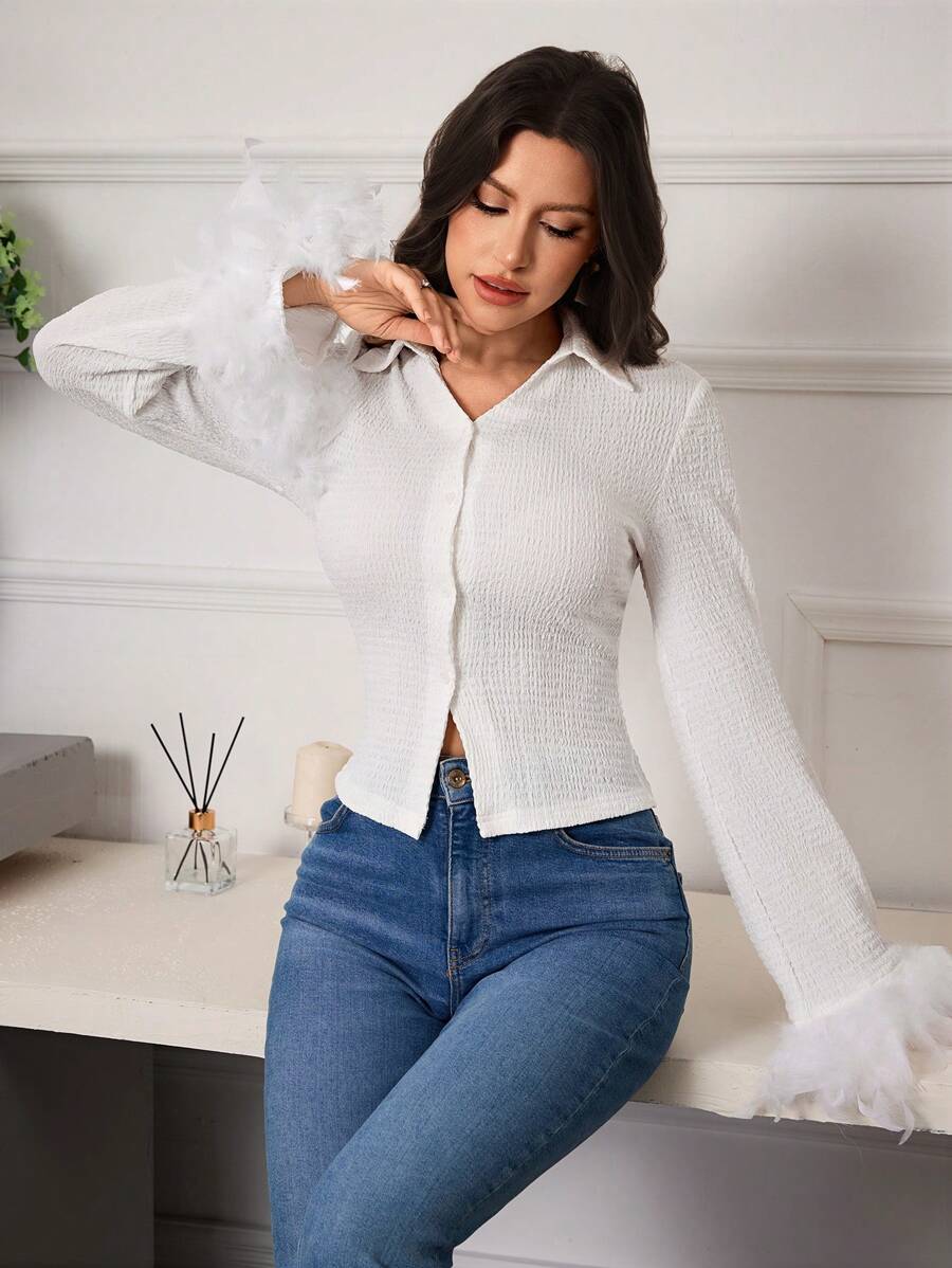 Modelyn 1pc Women's Solid Color Long Sleeve Fashion Shirt With Real Turkey Feather, Autumn - White - View 1