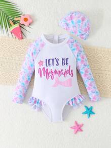 Young Girl Sports One-Piece Swimsuit With Printed Design - Multicolor - View 1