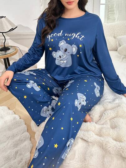 Cute Koala Print Plus Size Pullover Long Sleeve Top & Pants Pajama Set, Outfits  Cozy And Elegant Details, Fall Winter Clothes