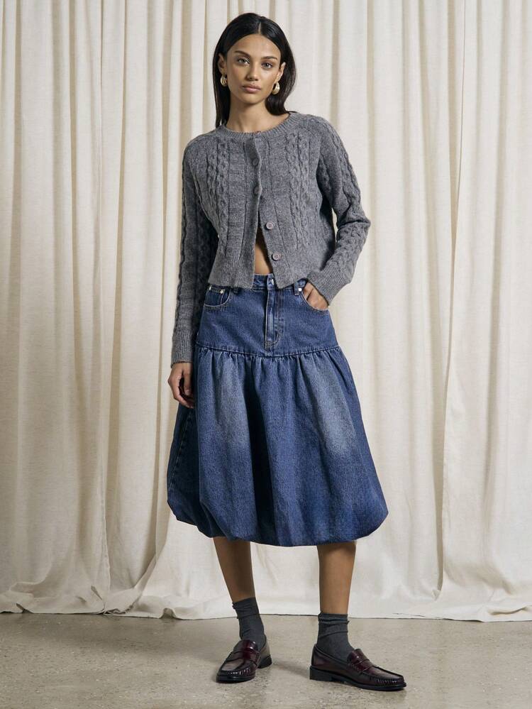 Denim Bubble Hem Midi Skirt