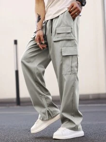 Manfinity Hypemode Men Solid Flap Pocket Drawstring Waist Cargo Pants - Light Grey - View 4