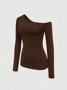 INAWLY Women's Solid Color Asymmetrical Neck Long Sleeve T-Shirt Fall Cloth For Women - Coffee Brown - View 4