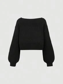 SHEIN MOD 不对称领口长袖星星图案黑色毛衣、短款女式毛衣、黑白毛衣、返校节毛衣、冬装、寒冷天气服装 - 黑色 - 查看 3