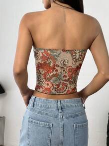 INAWLY Sexy crop top met bloemenprint en kantversiering en strikdecoratie voor dames
