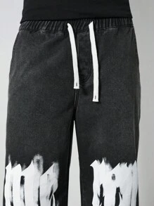 ROMWE MEN Street Life Men's Letter Print Drawstring Loose Casual Baggy Denim Jeans