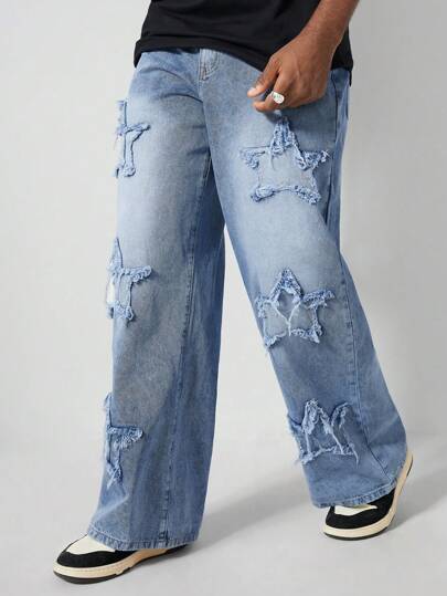Street Life Jeans décontractés mode homme à jambe large et ample, avec imprimé étoiles, lavé