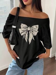 SHEIN Unity Women Casual Bow Shoulder Loose T-Shirt