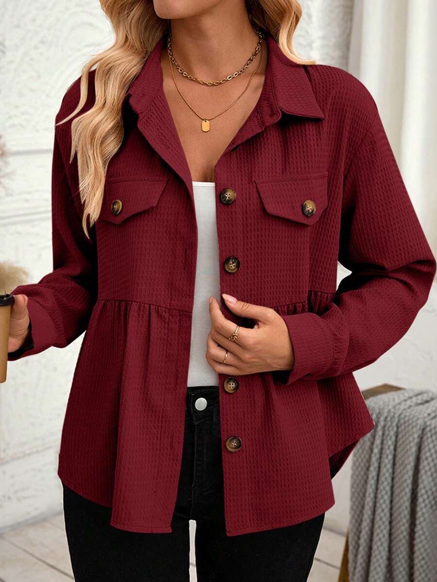 SHEIN LUNE Women's Autumn/Winter Shirt Collar Waffle Ruched Hem For New Year Clothes - Red - View 1