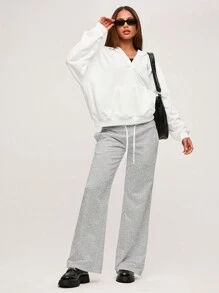 SHEIN BASICS Quần nỉ dệt kim lưng thấp dáng rộng màu trơn thường ngày cho nữ - Xám - Xem 4