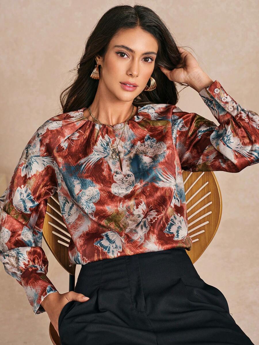 Chiquease Áo cánh tay dài cổ tròn in hoa thanh lịch cho nữ - Nhiều màu - Xem 1