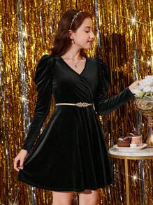 Teen Girls' Black Knit V-Neck Gigot Sleeve Velvet Party/Graduation Dress
