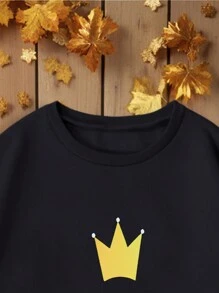 家庭配套服装，年轻女孩黑色连帽衫，保暖内衬，温暖舒适，休闲宽松街头装和校服风格，可爱的皇冠和“新年小美女”图案印花，适合三口之家 - 黑色 - 查看 5