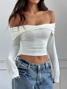 SHEIN EZwear Plus Size Solid Color Off Shoulder Long Sleeve Slim Casual Top