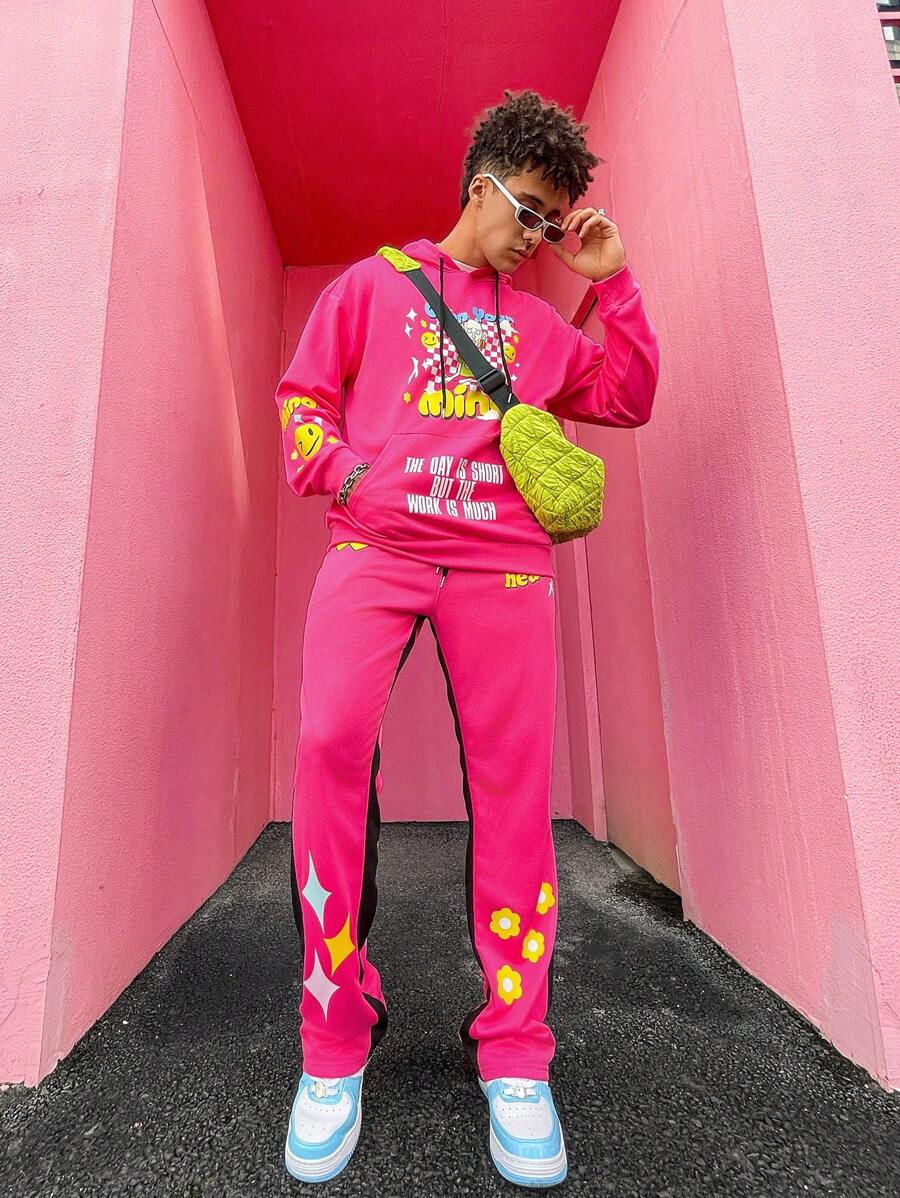 PAVTROS Manfinity Streetrush 2pcs Men Slogan Print Drawstring Hooded Sweatshirt And Sweatpants Casual Tracksuit Set, Autumn - Hot Pink - View 1