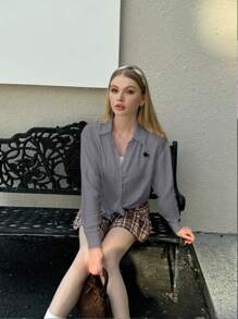INAWLY 女士休闲刺绣纽扣前长袖衬衫，秋季 - 灰色 - 查看 7