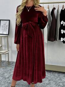 SHEIN Pregnant Women's Solid Round Neck Lantern Sleeve, Knotted Waistline Long Elegant Dress, Autumn, For Maternity, For Winter For New Year Holiday Party Clothes - Burgundy - View 5
