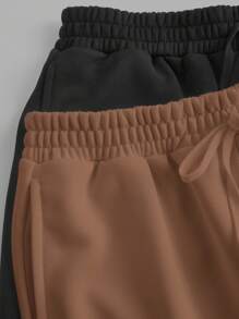 SHEIN EZwear 2pcs/Set Plus Size Black & Brown Knotted Casual Wide Leg Pants - Coffee Brown - View 5