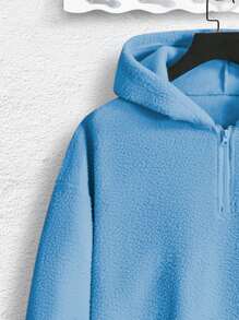 Manfinity Homme Men Letter Patched Half Zip Teddy Sweatshirt, Men Light Blue Hoodie, Men Quarter Zip Hoodie, Baby Blue Men Hoodie, For Fall Winter, Long Sleeve Top - Baby Blue - View 5