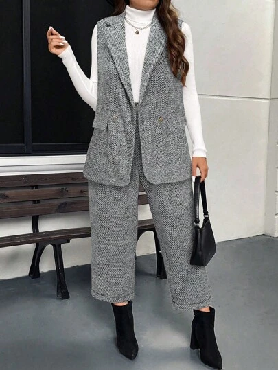 SHEIN LUNE 大码女式无袖口袋背心和长裤套装冬季商务休闲度假装