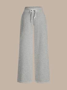 SHEIN BASICS Quần nỉ dệt kim lưng thấp dáng rộng màu trơn thường ngày cho nữ - Xám - Xem 6